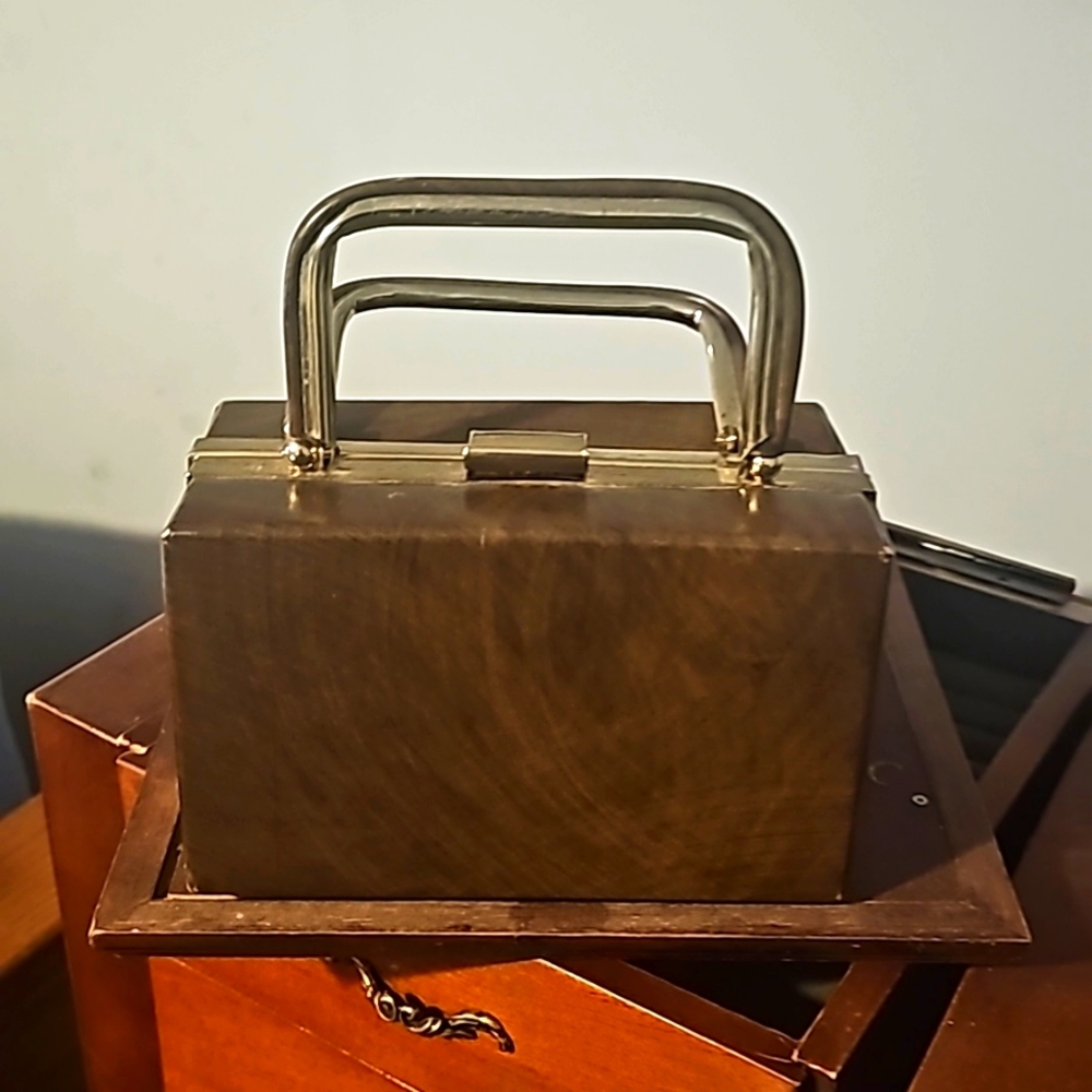 Baum's Designer Brown Box Shape Purse, Double Brass Handles & Trim, Pull-up Clas